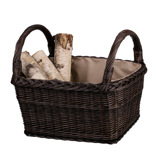 wicker firewood basket with beige trim and handles
