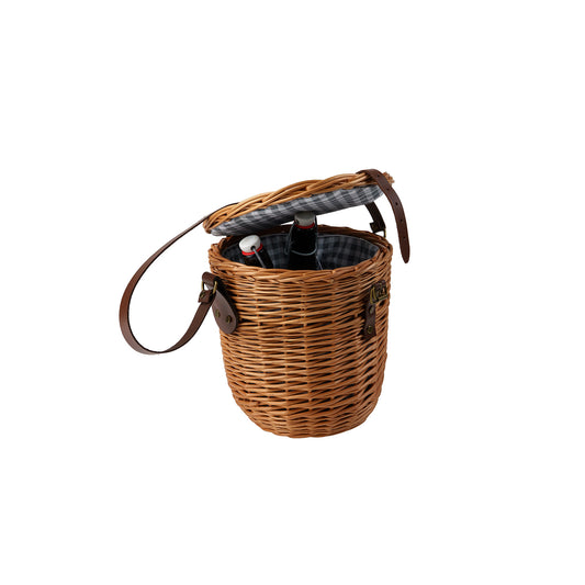 Rivora wiklinowy koszyk na ramię z materiałowym obszyciem, z pokrywą i skórzanym paskiem TheWickerStories