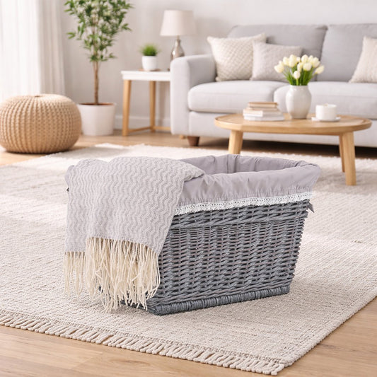 wicker storage basket with gray trim