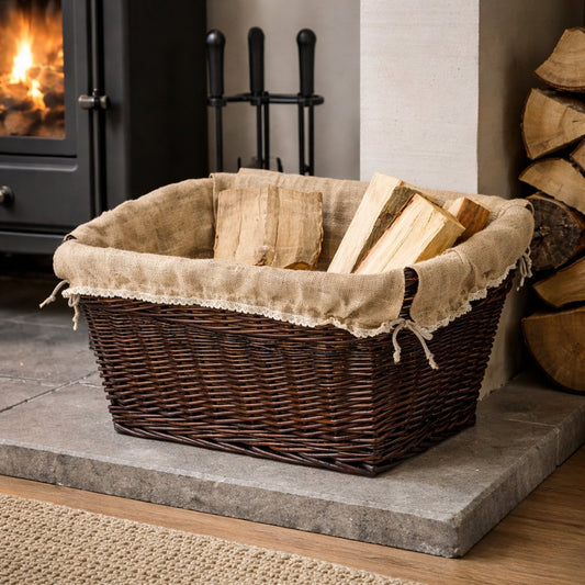Wiklinowy kosz na drewno kominkowe z jutowym obszyciem TheWickerStories