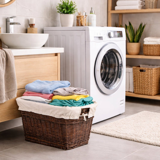 wicker laundry basket with beige trim and handles