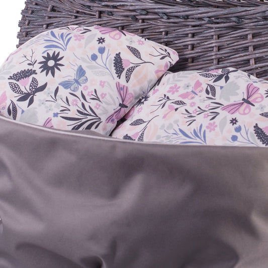 wicker pushcart with grey lining and pillow