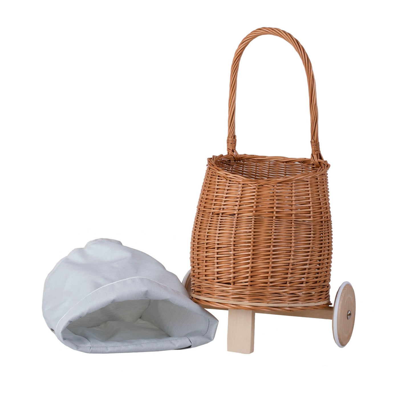 Luke Dukkevogn i flettet rotting med lyseblå kant, håndtak og hjul i tre TheWickerStories