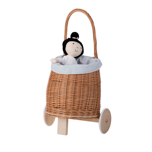 Luke wicker doll stroller with blue trim, featuring a handle and wooden wheels TheWickerStories
