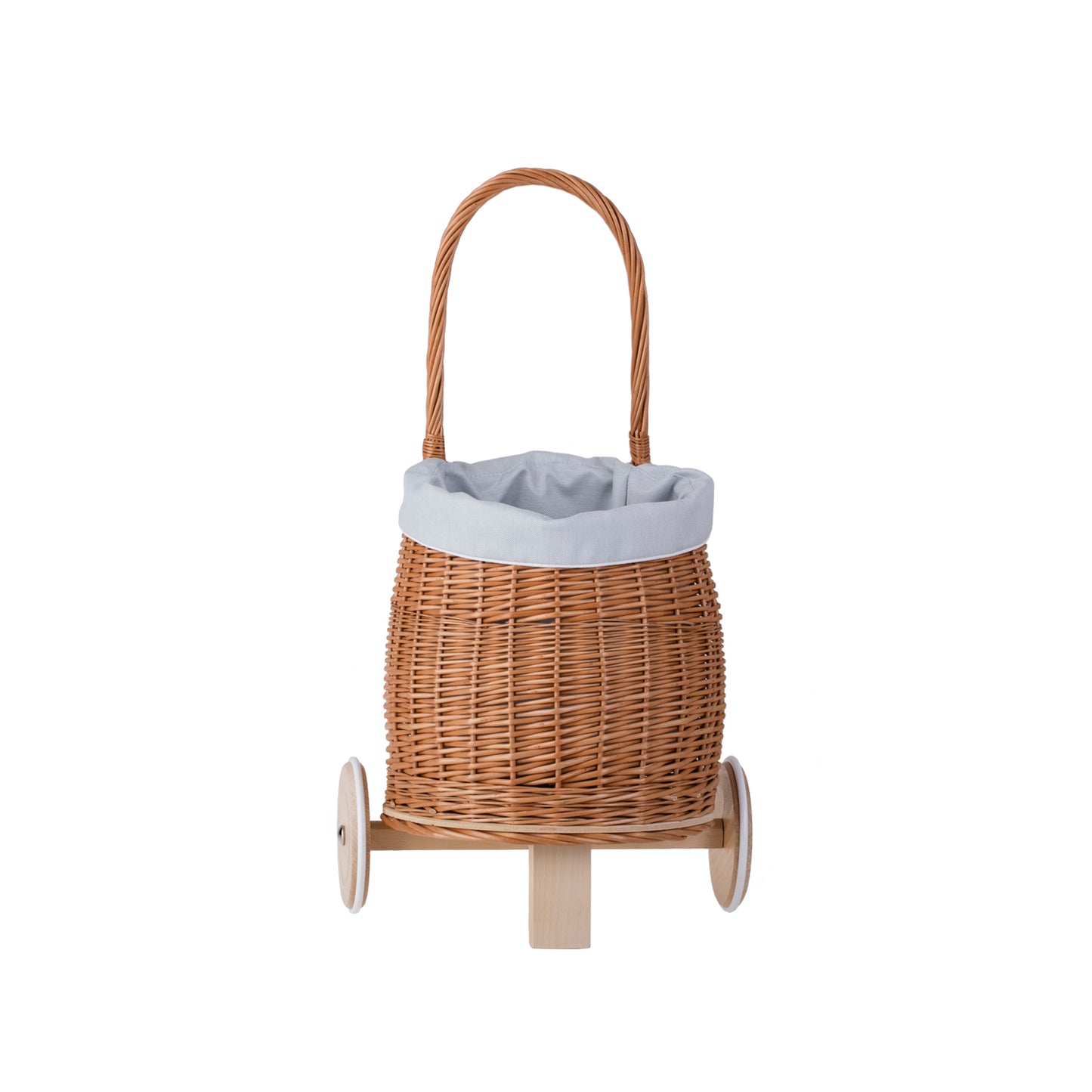 Luke Rieten poppenwagen met lichtblauwe bekleding, handvat en houten wielen