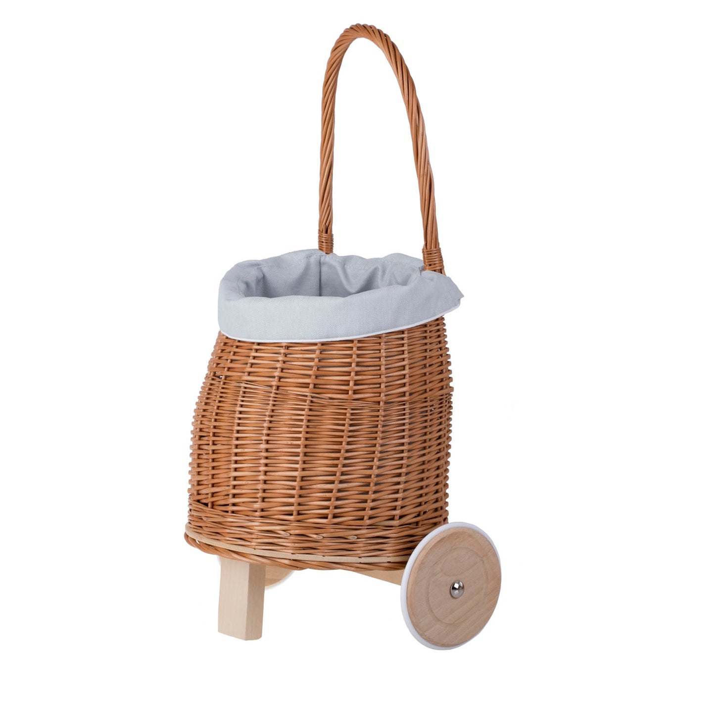 Luke Rieten poppenwagen met lichtblauwe bekleding, handvat en houten wielen