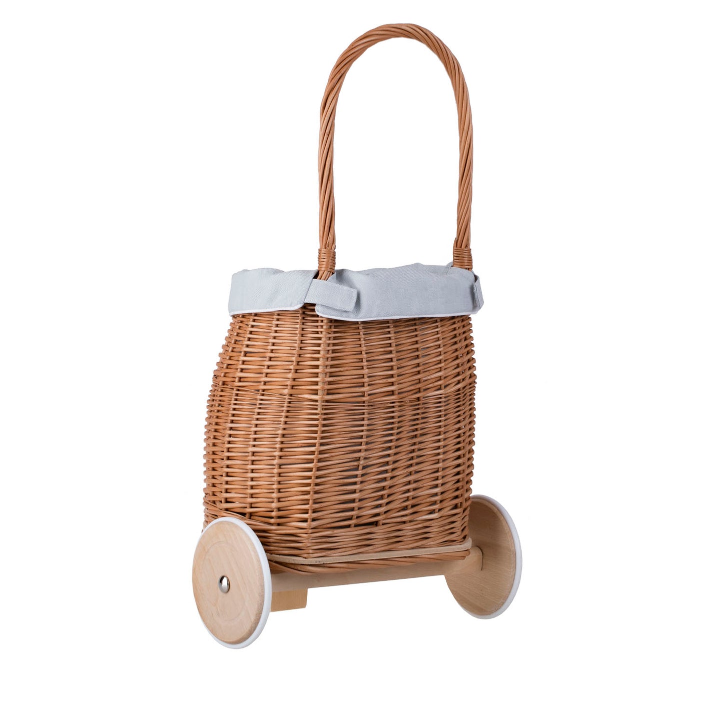 Luke Rieten poppenwagen met lichtblauwe bekleding, handvat en houten wielen