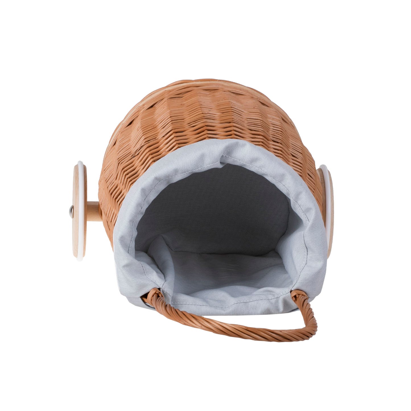 Luke Rieten poppenwagen met lichtblauwe bekleding, handvat en houten wielen