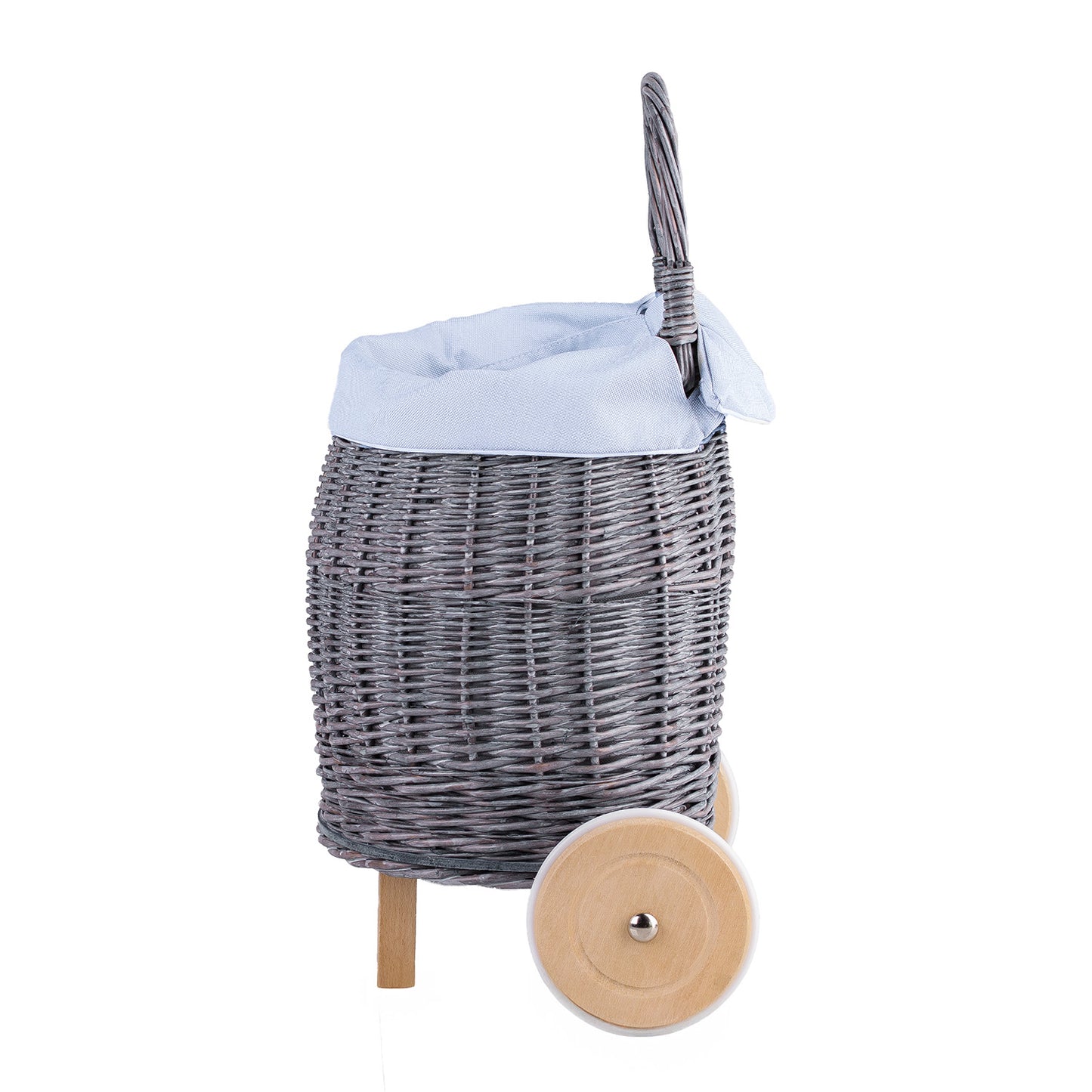 Luke Rieten poppen- en speelgoedwagen met lichtblauwe bekleding, handvat en houten wielen.