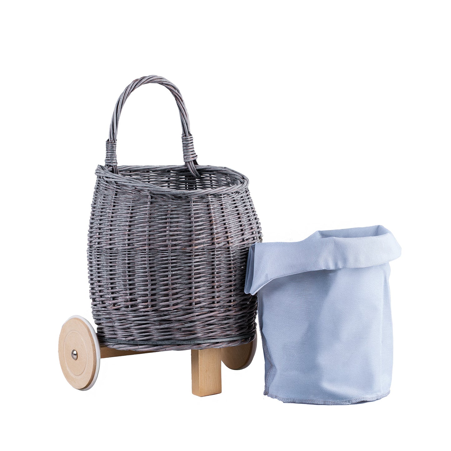 Luke Rieten poppen- en speelgoedwagen met lichtblauwe bekleding, handvat en houten wielen.