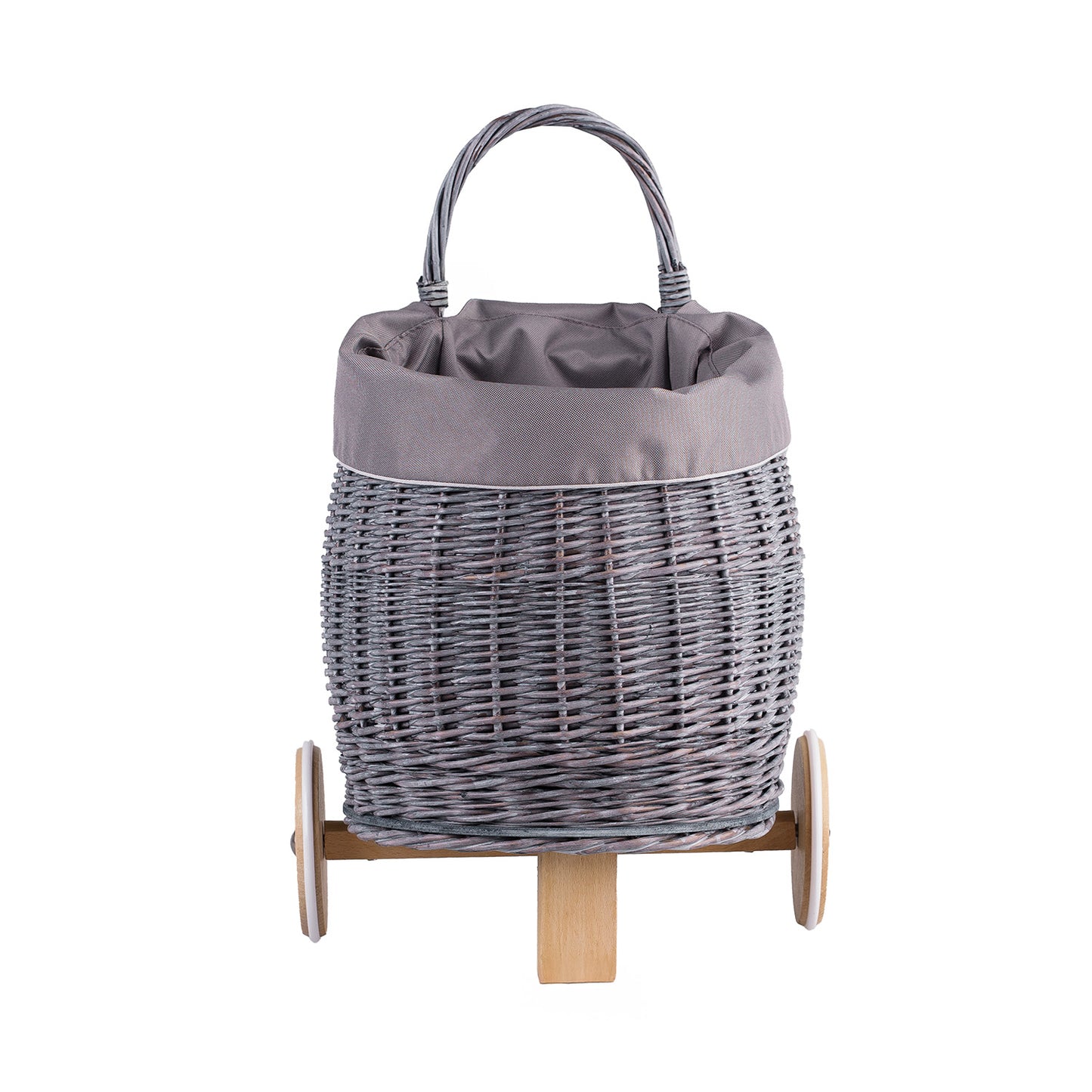 Luke Rieten kinderwagen met grijze bekleding, voorzien van handvat en houten wielen