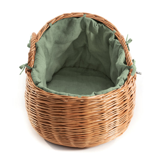 Desayer wicker Moses basket for babies with green trim, handles, and mattress TheWickerStories