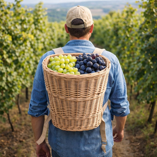zaino in vimini con rifiniture e cinghie marroni