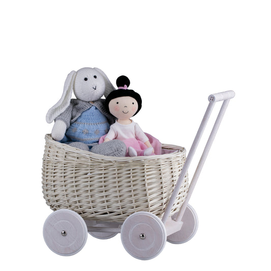 Lauflernwagen aus Weide mit rosa Stoffeinsatz
