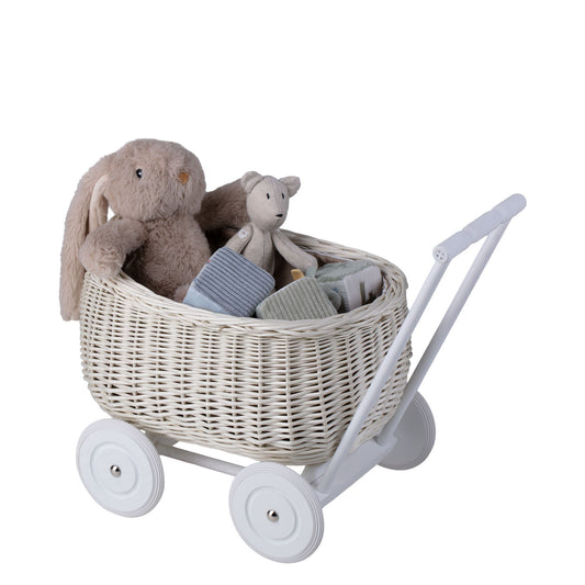 wicker pushcart with pink lining