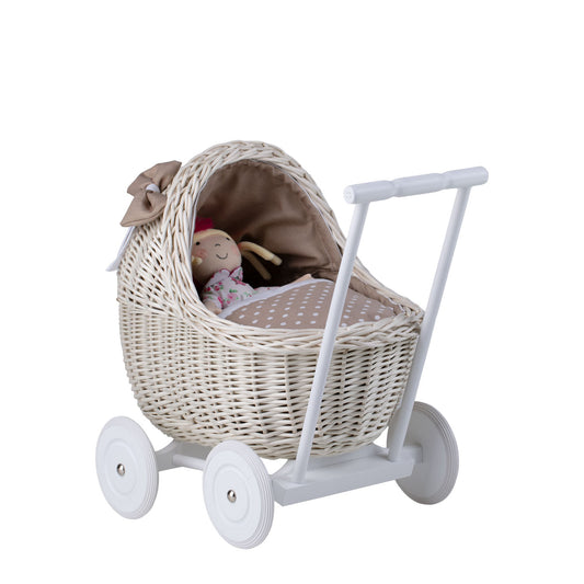 wicker doll stroller with beige trim, blanket, and pillow