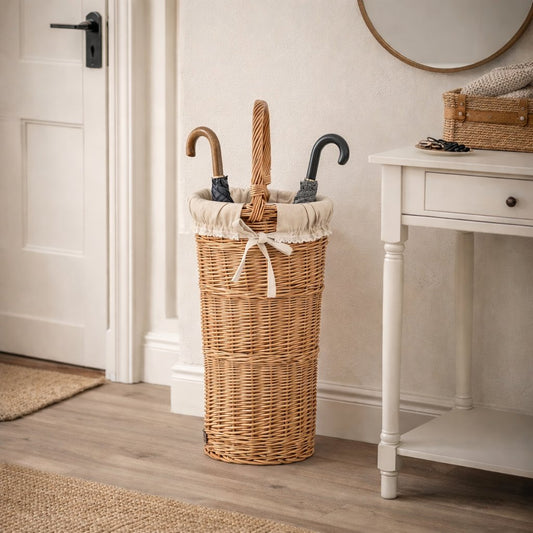 wicker umbrella basket with beige trim