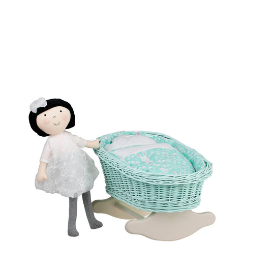 Mimi culla in vimini per bambole con fodera menta, cuscino e trapunta TheWickerStories