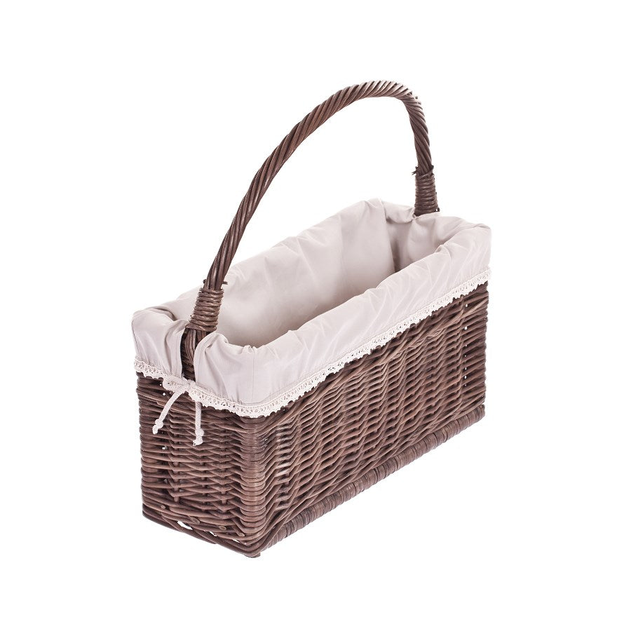 Gavis wicker magazine basket with beige trim and handle TheWickerStories