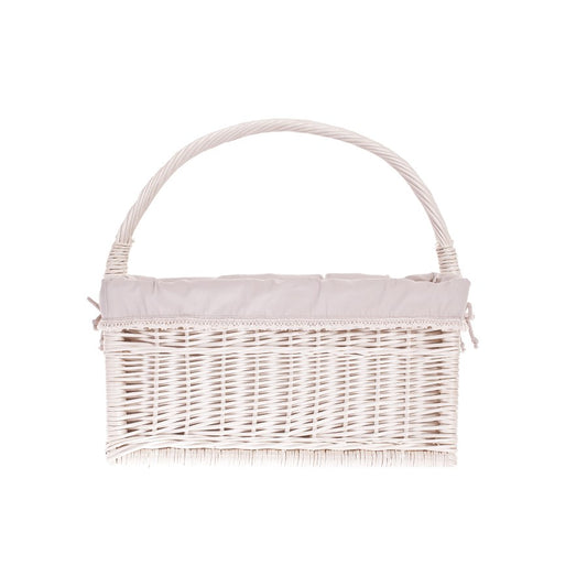 Gavis wicker magazine basket with gray trim and handle TheWickerStories