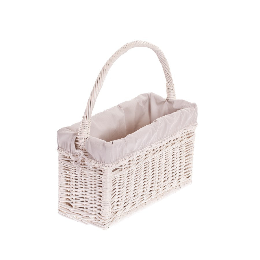 Gavis wicker magazine basket with gray trim and handle TheWickerStories