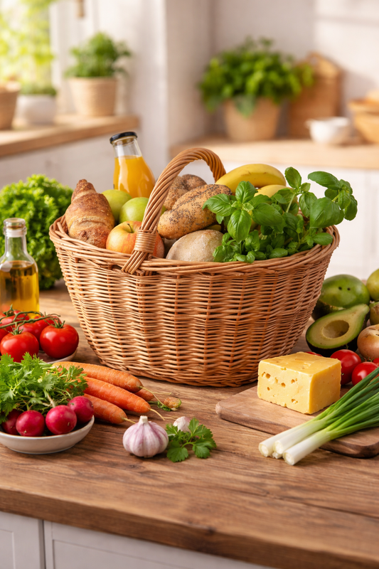 shopping basket with wicker handle