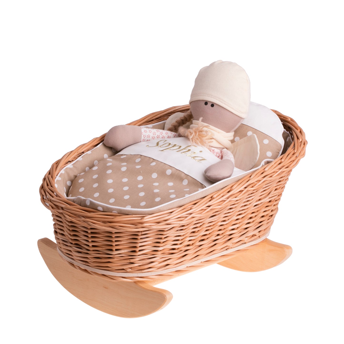 Mimi pletena zibelka za punčke s personalizacijo, bežna podloga, blazina in odeja