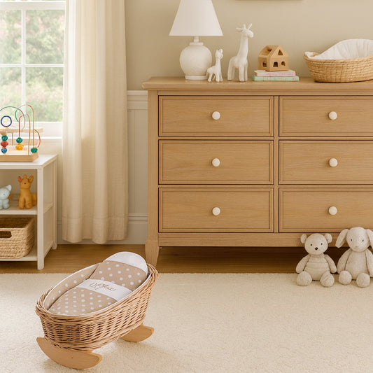 Mimi wicker cradle for dolls with personalization, beige lining, pillow and duvet TheWickerStories