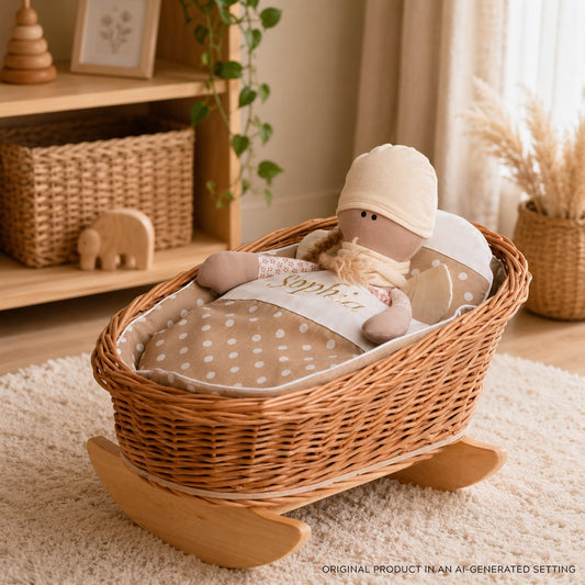 rotan wiegje voor poppen met personalisatie, beige voering, kussen en dekbed