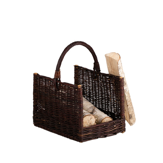 gevlochten mand voor haardhout met handvat