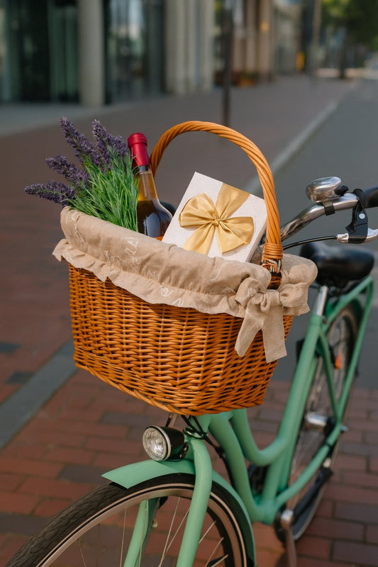 Magnus wicker bicycle basket with beige trim, with handle and hooks TheWickerStories