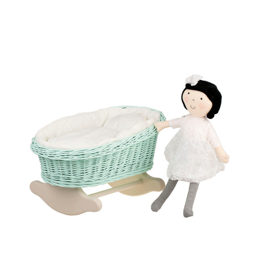 Mimi wicker doll cradle with cream-colored lining, pillow and quilt TheWickerStories