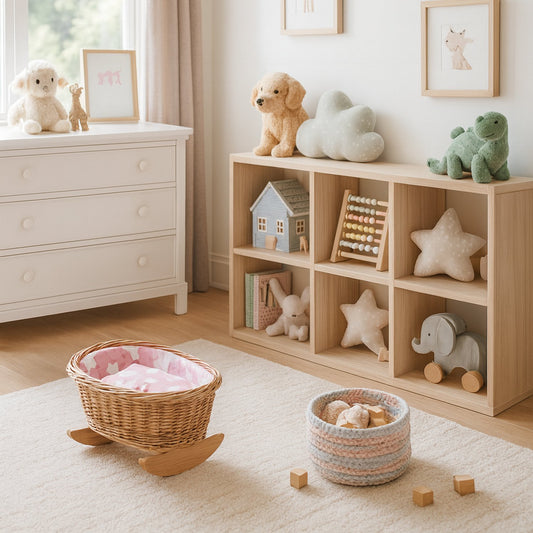 rotan wiegje voor poppen met roze voering, kussen en dekbed