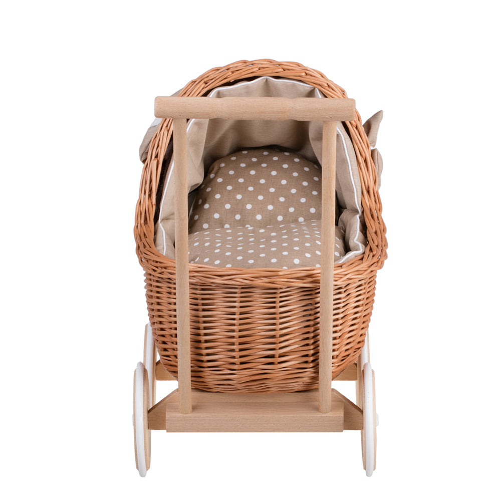 Lili wicker doll stroller with beige trim, blanket, and pillow