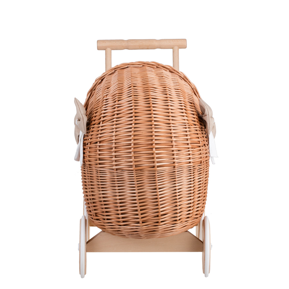 Lili wicker doll stroller with beige trim, blanket, and pillow
