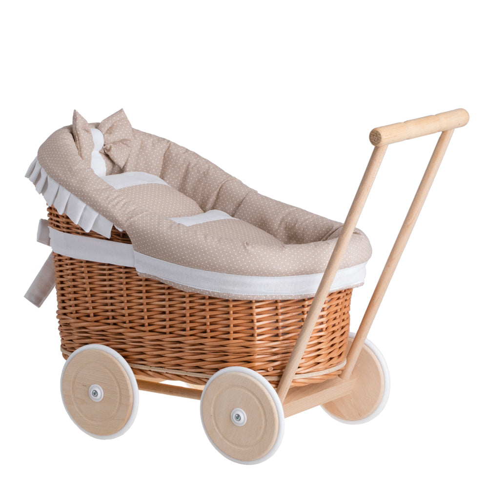 Luna vikledukkevogn med beige kanting, dyne og pute