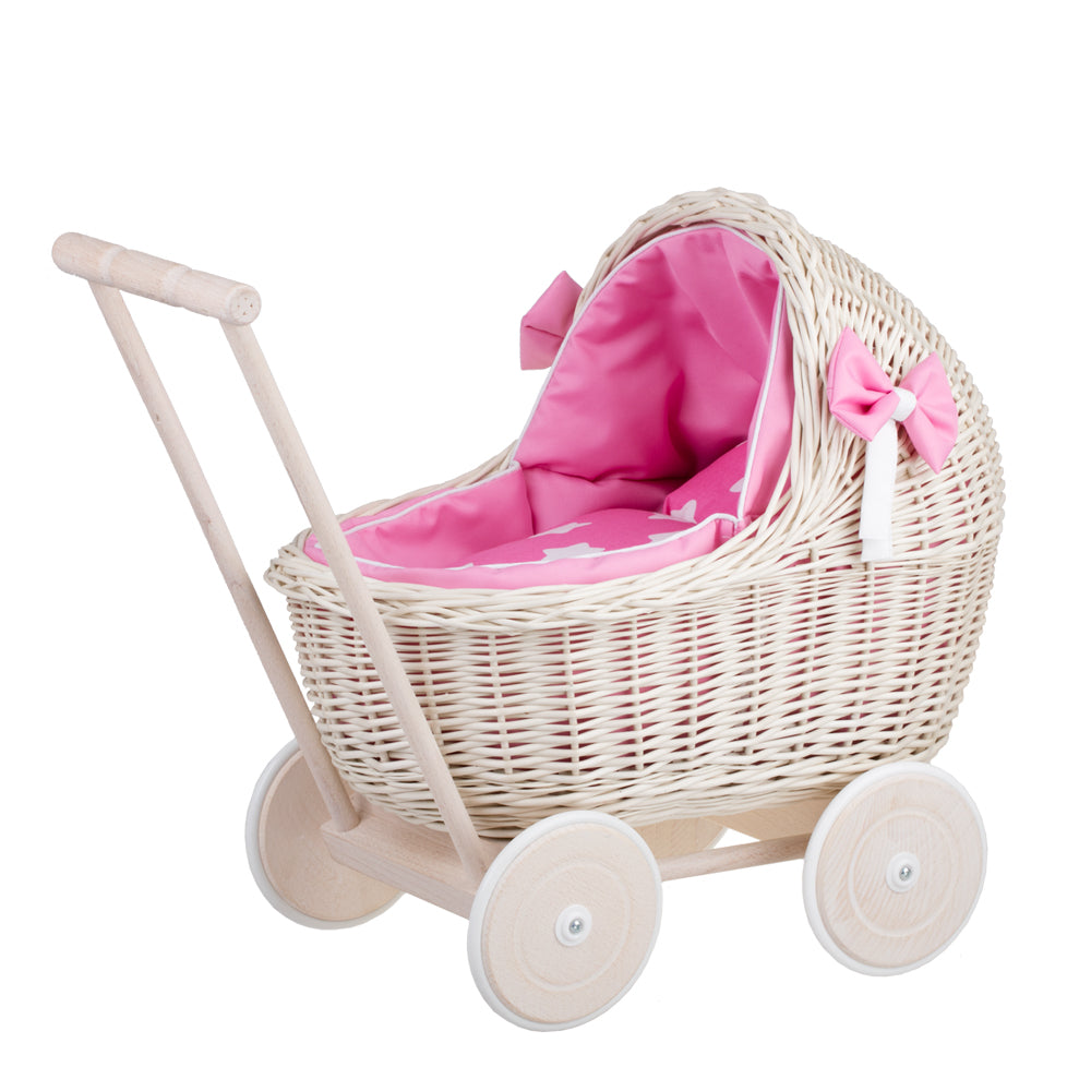 Lili wicker doll stroller with pink trim, blanket, and pillow