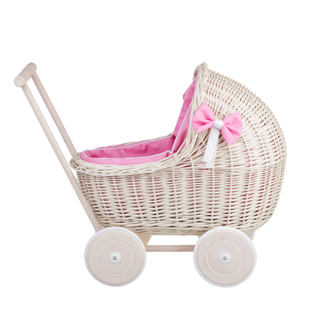 Lili wicker doll stroller with pink trim, blanket, and pillow