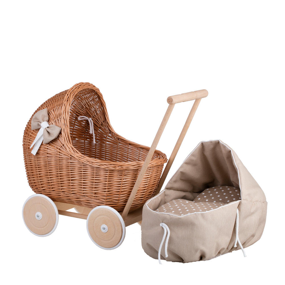 Lili wicker doll stroller with beige trim, blanket, and pillow