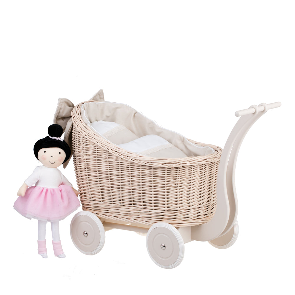 Luna wicker doll stroller with beige trim, blanket, and pillow