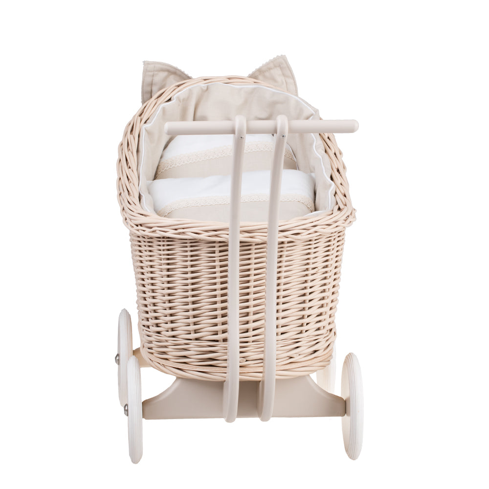 Luna wicker doll stroller with beige trim, blanket, and pillow