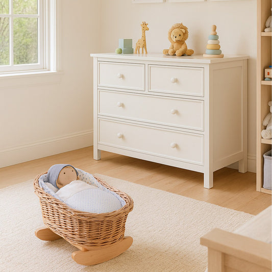 Mimi prútená kolíska pre bábiky s personalizáciou, modrým poťahom, vankúšom a prikrývkou TheWickerStories