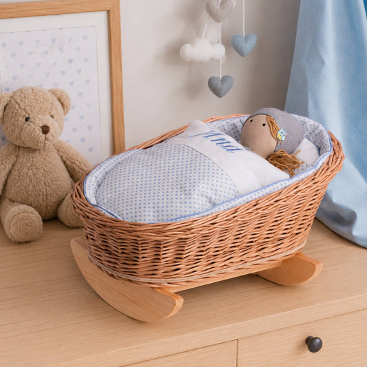 wicker cradle for dolls with personalization, blue lining, pillow and duvet