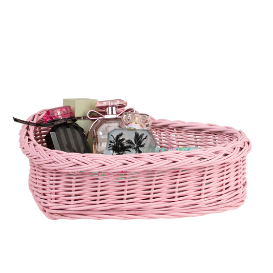 small wicker basket with pink lining