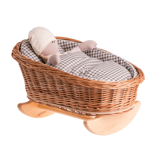 wicker cradle for dolls with brown lining, pillow and duvet