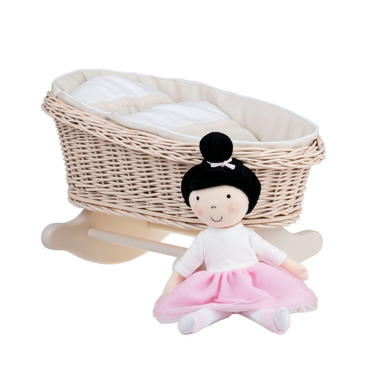 Mimi wicker cradle for dolls with beige lining, pillow and quilt TheWickerStories