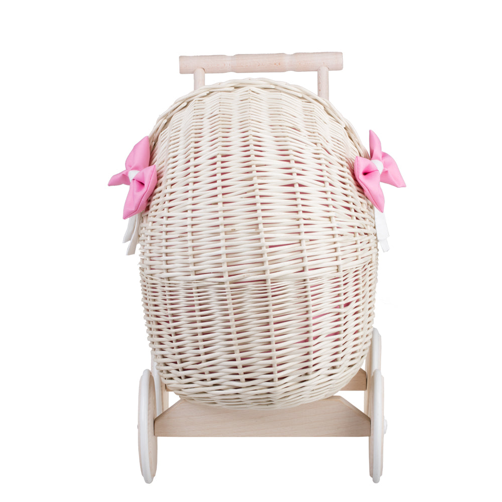 Lili wicker doll stroller with pink trim, blanket, and pillow