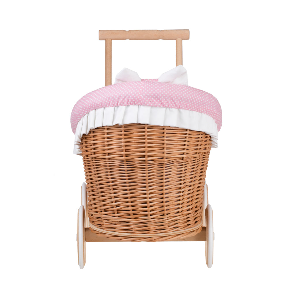 Luna wicker doll stroller with pink trim, blanket, and pillow
