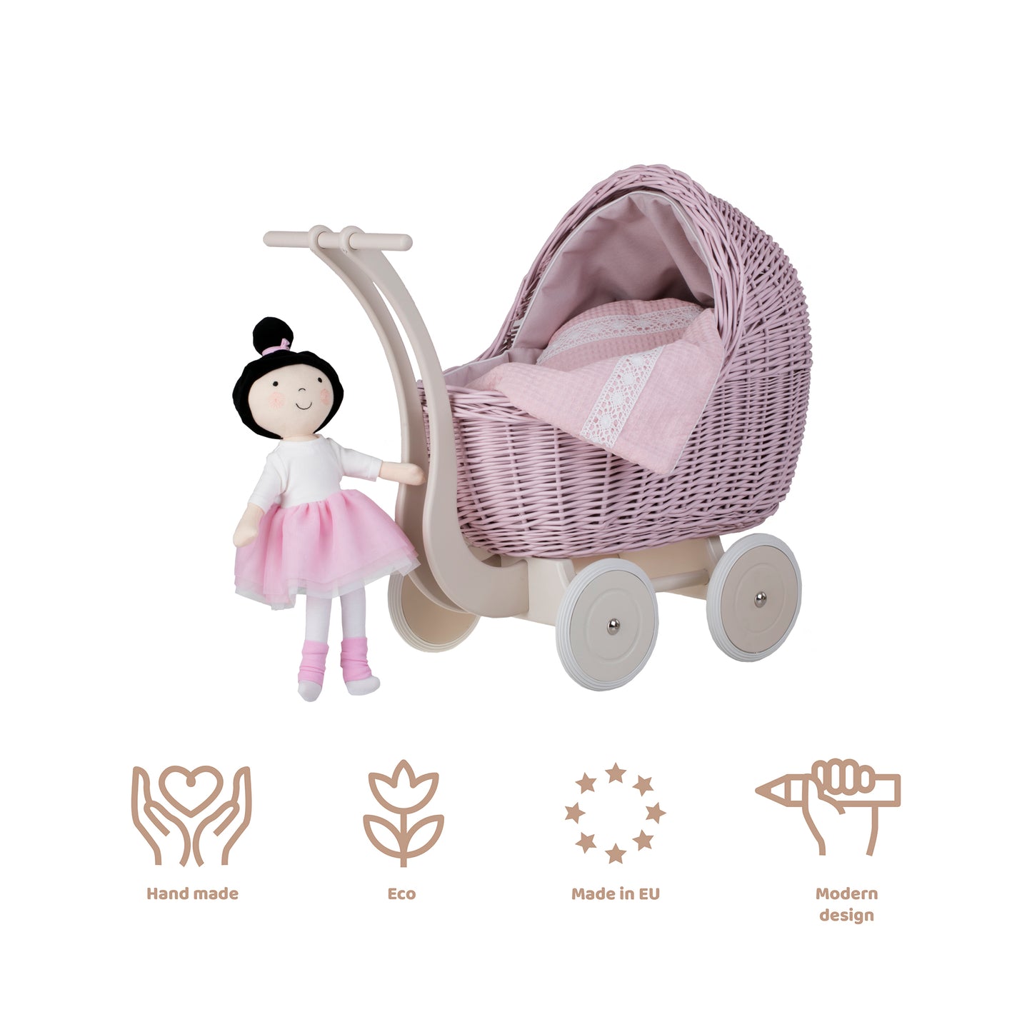 Lili wicker doll stroller with pink trim, blanket, and pillow