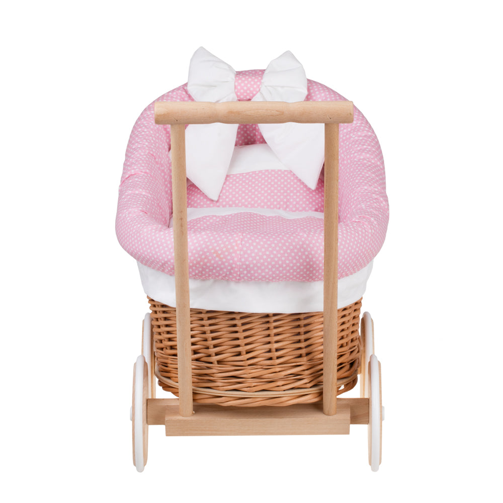 Luna wicker doll stroller with pink trim, blanket, and pillow